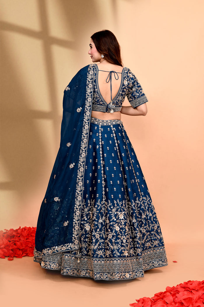 Deep Blue Raw Silk Embroidered Lehenga Set