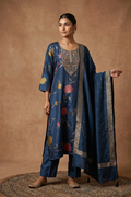 Deep Blue Silk Blend Floral Kurta Set