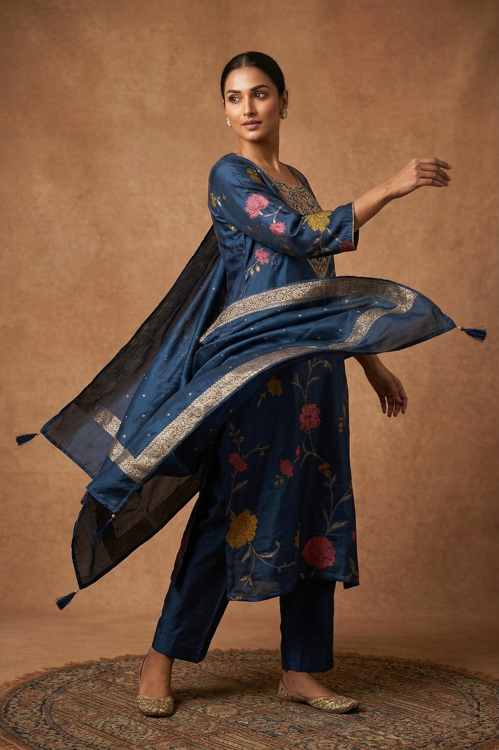 Deep Blue Silk Blend Floral Kurta Set