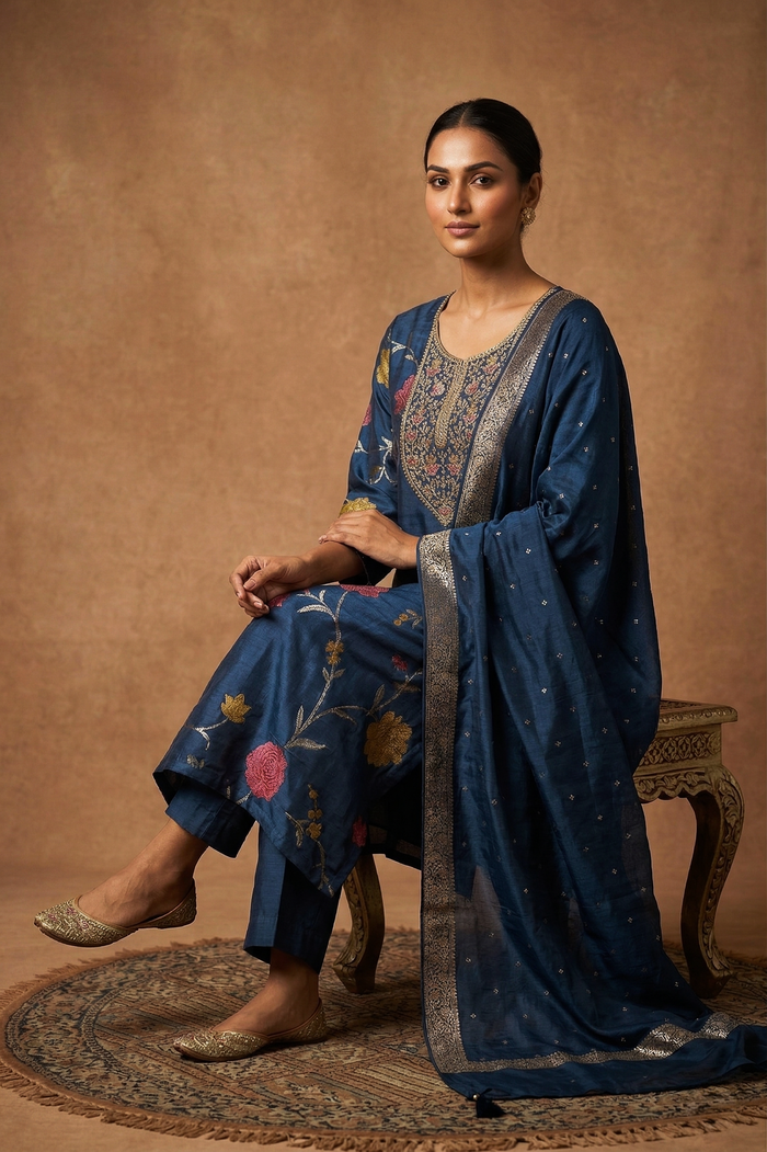 Deep Blue Silk Blend Floral Kurta Set