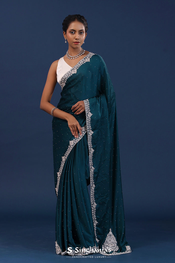 Deep Jungle Green Satin Saree With Stone Work