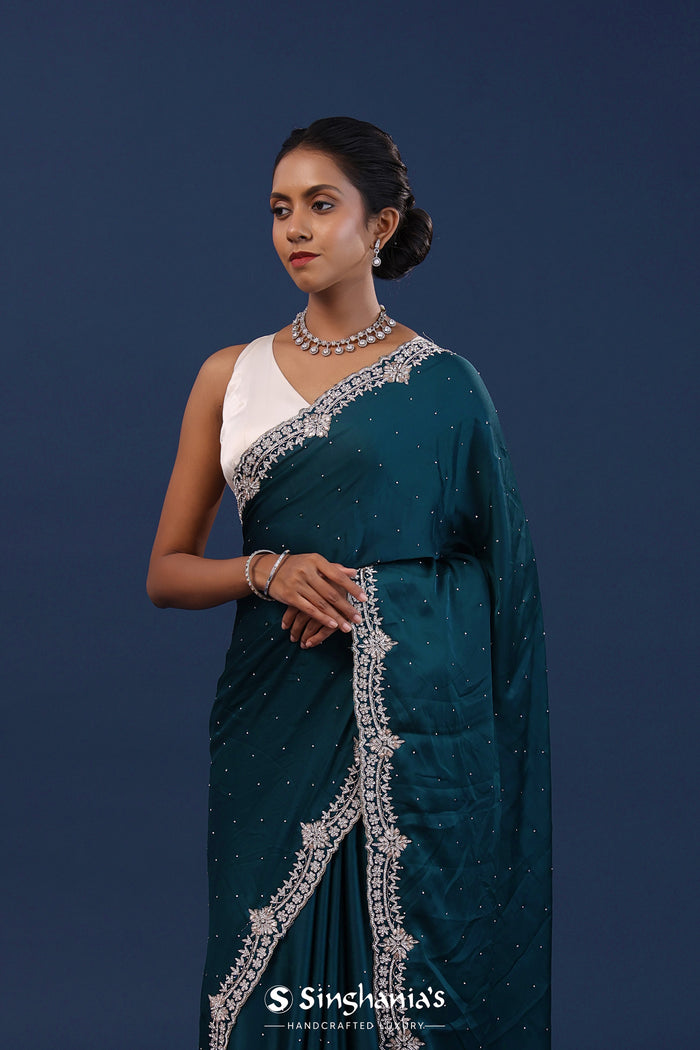 Deep Jungle Green Satin Saree With Stone Work
