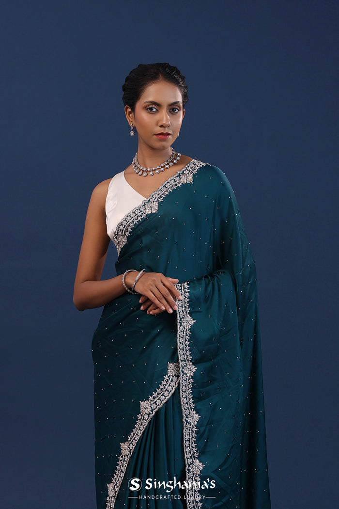 Deep Jungle Green Satin Saree With Stone Work