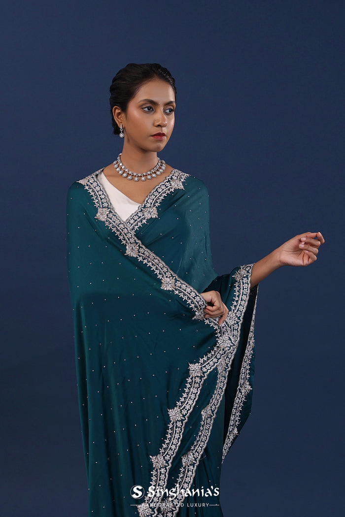 Deep Jungle Green Satin Saree With Stone Work