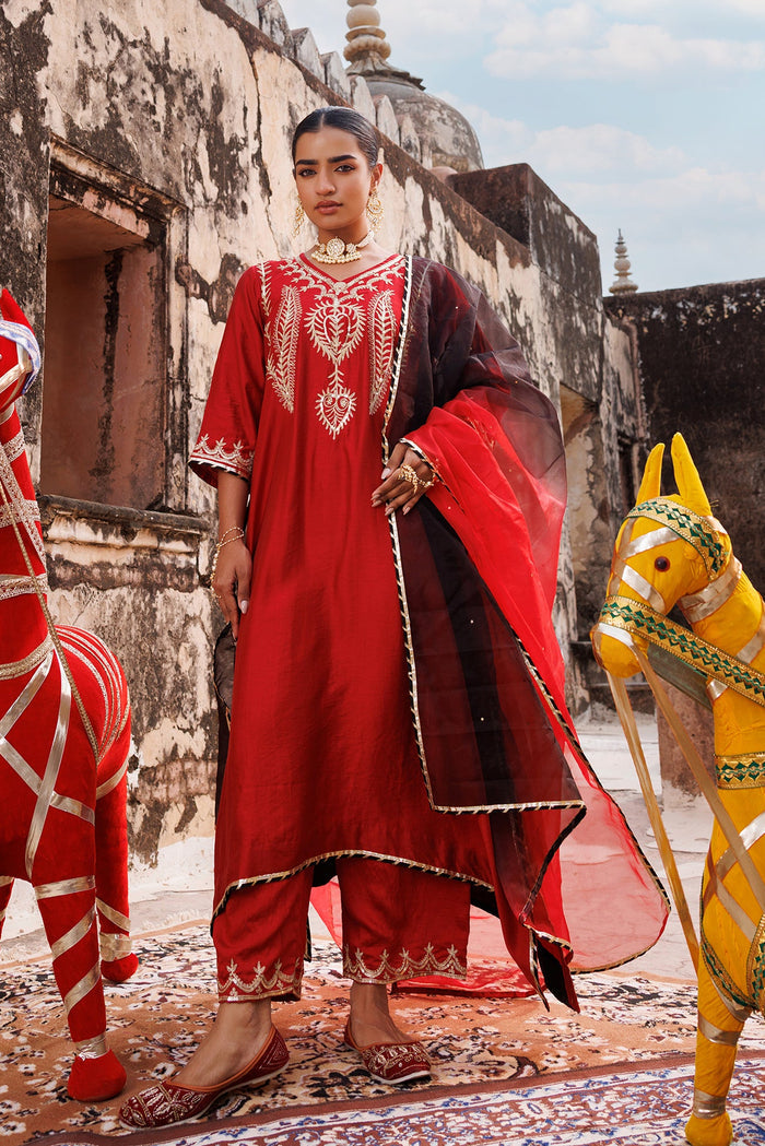 Deep Maroon Chanderi Salwar Set With White Floral Work