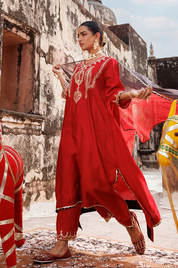 Deep Maroon Chanderi Salwar Set With White Floral Work