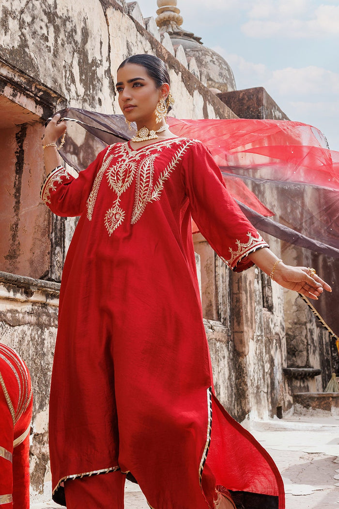 Deep Maroon Chanderi Salwar Set With White Floral Work