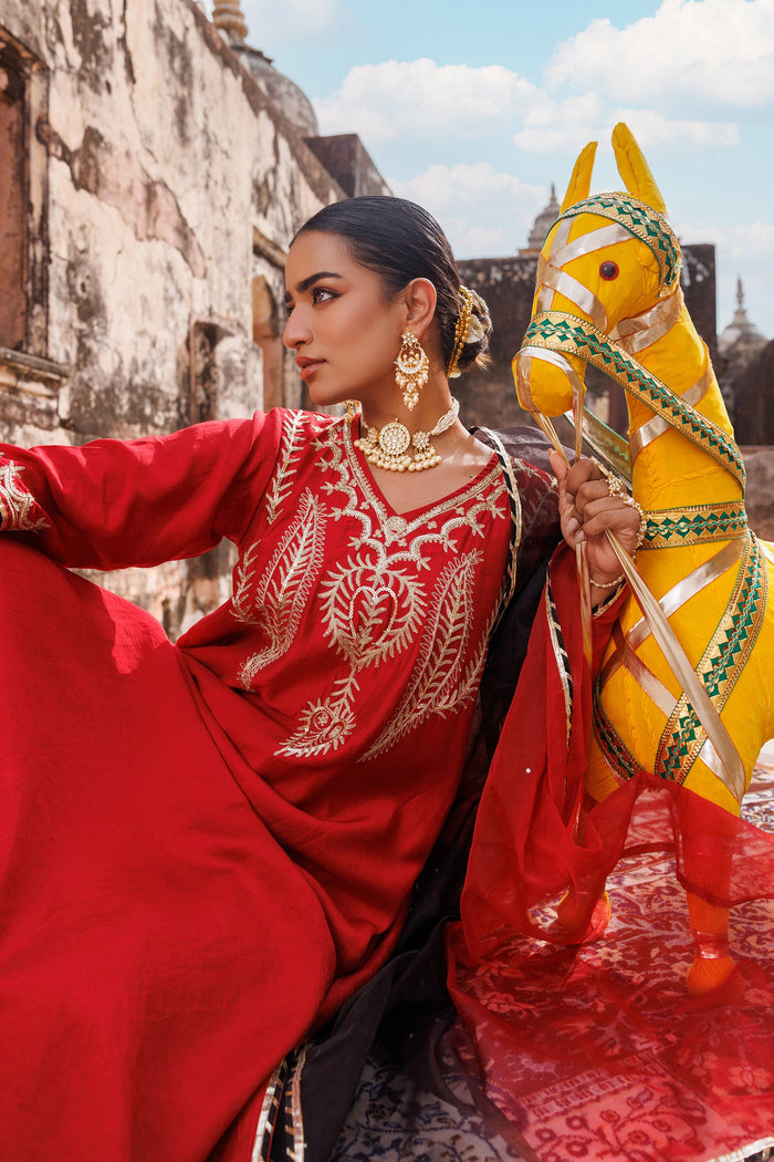 Deep Maroon Chanderi Salwar Set With White Floral Work