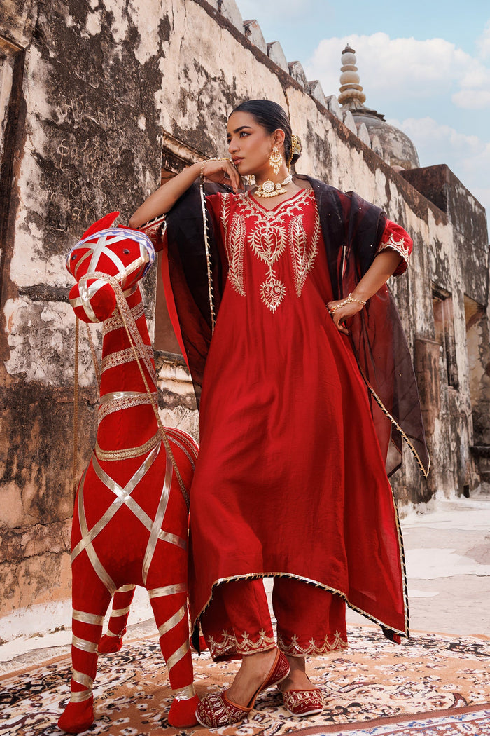 Deep Maroon Chanderi Salwar Set With White Floral Work