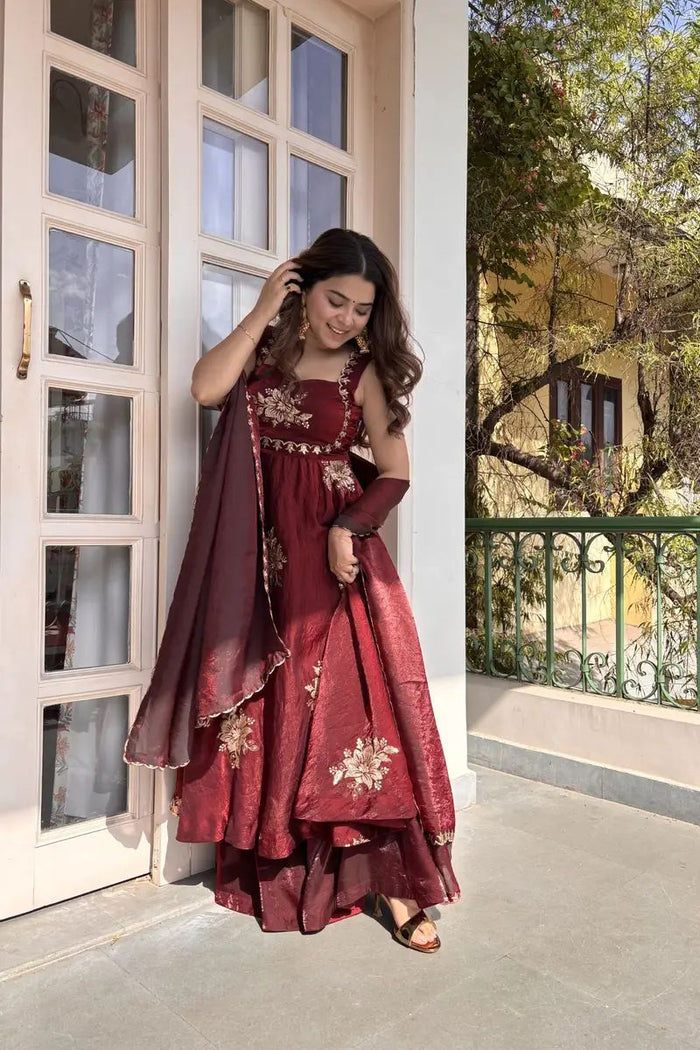 Deep Maroon Floral Anarkali Set
