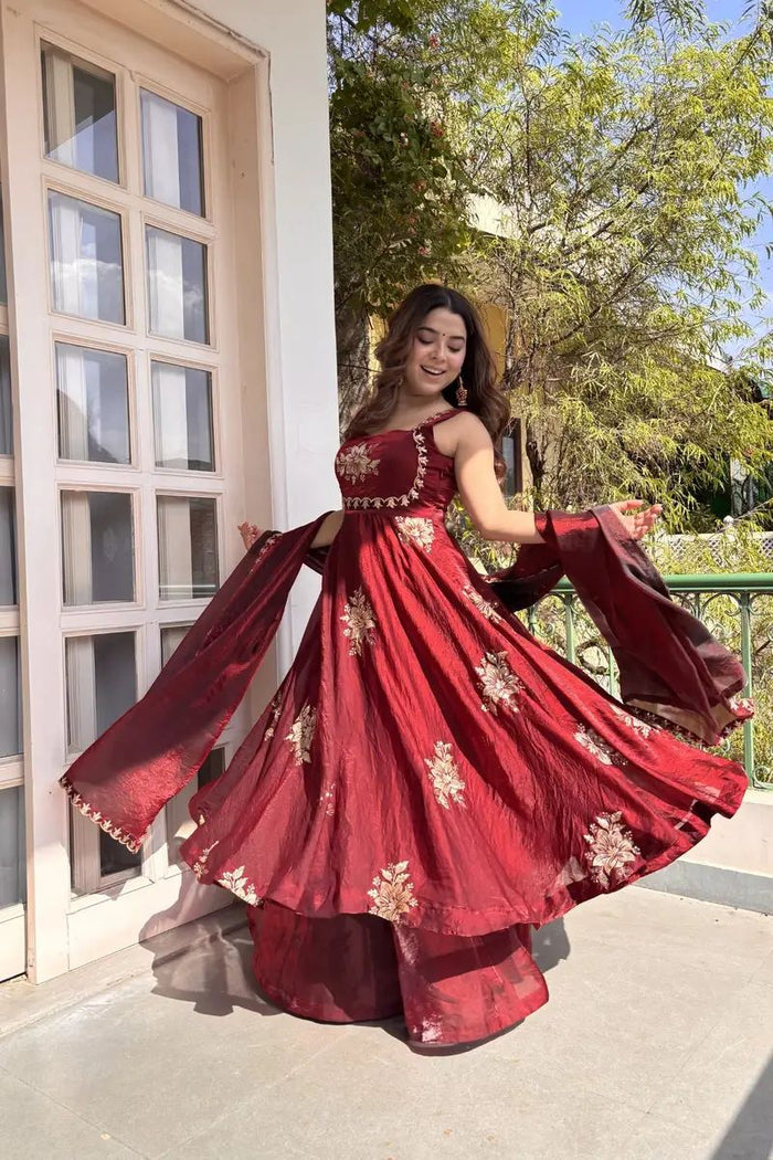 Deep Maroon Floral Anarkali Set