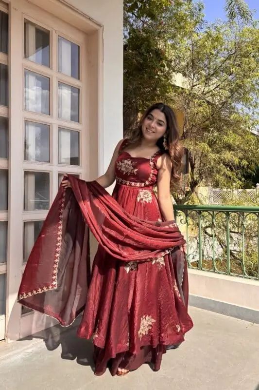 Deep Maroon Floral Anarkali Set