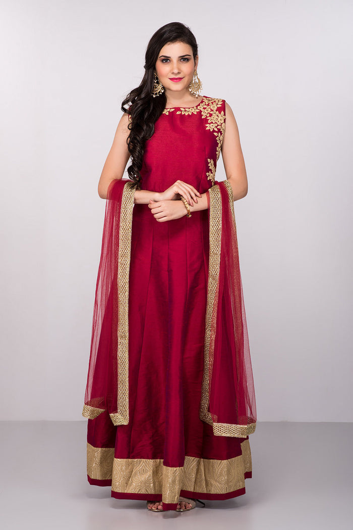 Deep Maroon Gold Paisley Border Anarkali Set