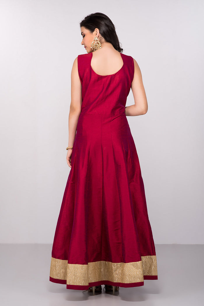 Deep Maroon Gold Paisley Border Anarkali Set