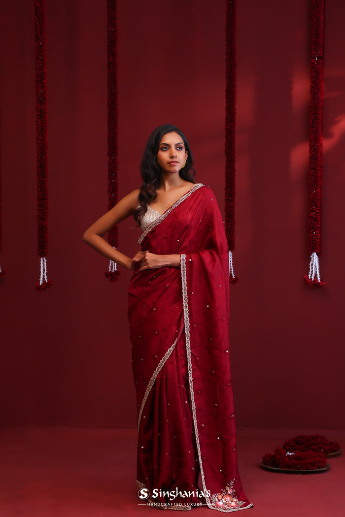 <img> Deep Maroon Silk Saree With Hand Embroidery