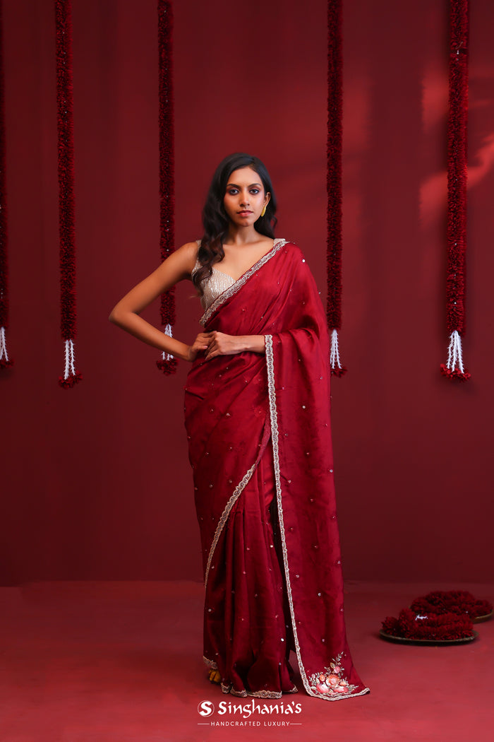 <img> Deep Maroon Silk Saree With Hand Embroidery