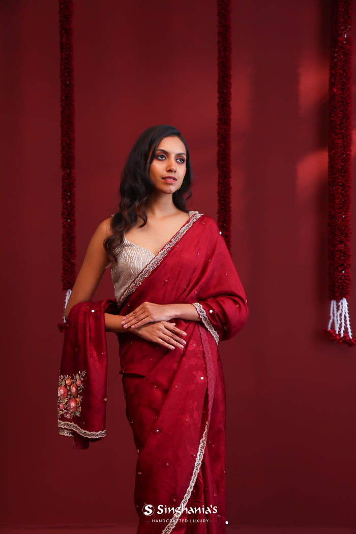 <img> Deep Maroon Silk Saree With Hand Embroidery
