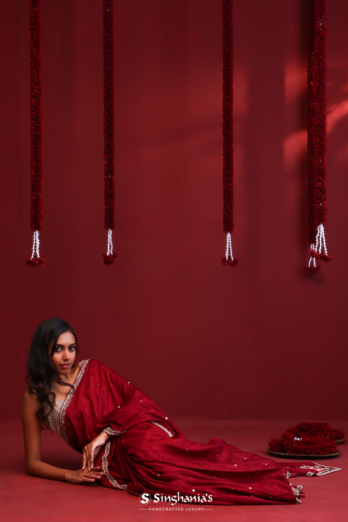 Deep Maroon Silk Saree With Hand Embroidery