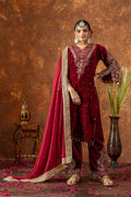 Deep Maroon Velvet Embroidered Kurti Set