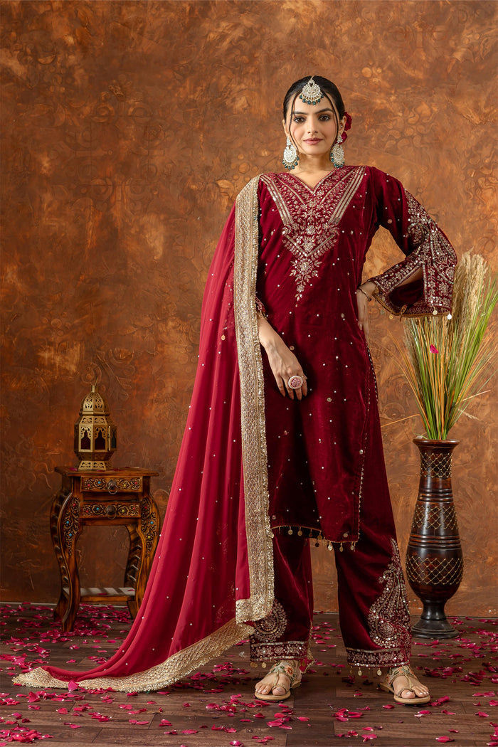 Deep Maroon Velvet Embroidered Kurti Set