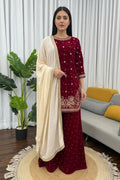 Deep Maroon Velvet Embroidered Kurti Set