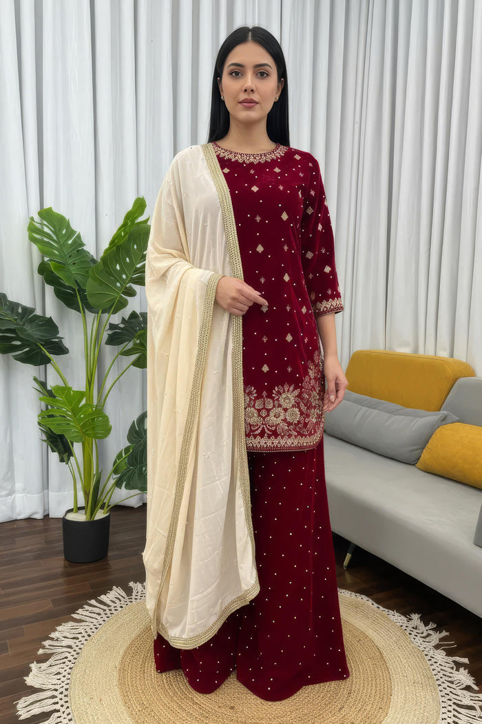 Deep Maroon Velvet Embroidered Kurti Set