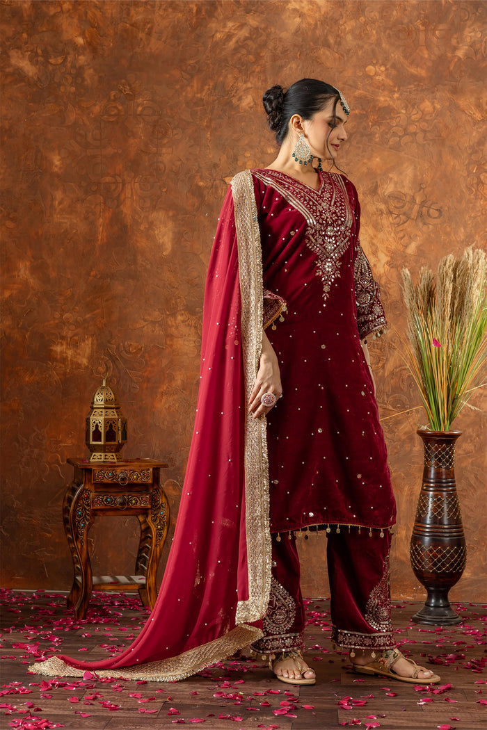 Deep Maroon Velvet Embroidered Kurti Set