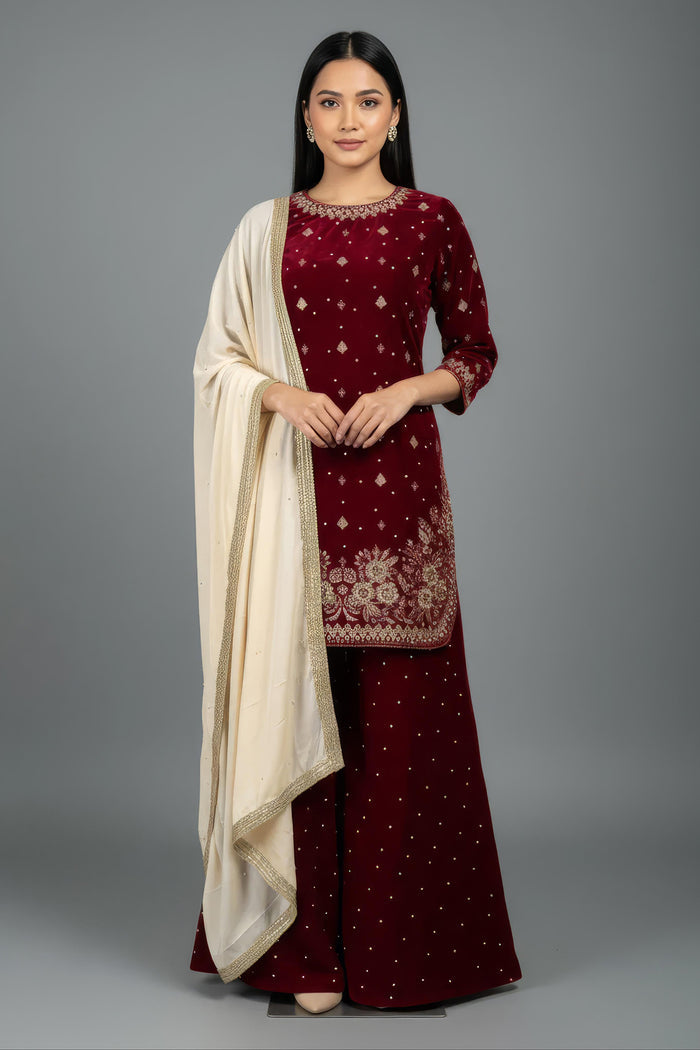 Deep Maroon Velvet Embroidered Kurti Set