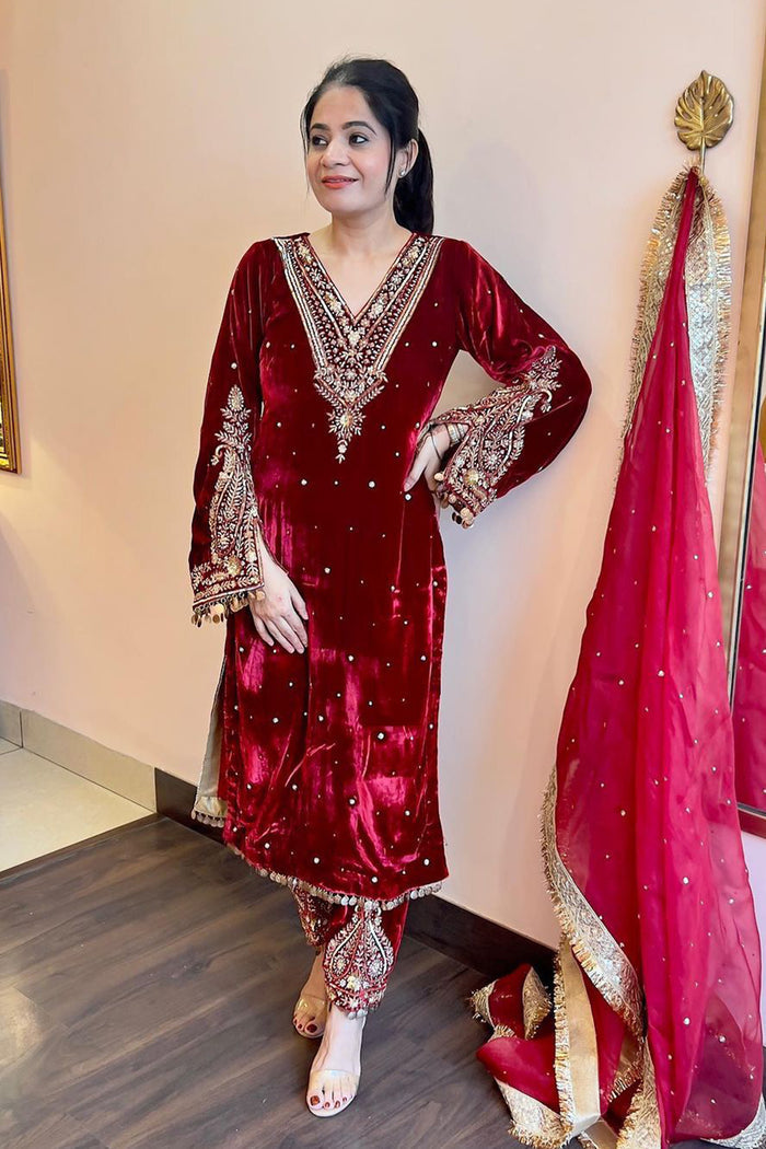 Deep Maroon Velvet Embroidered Kurti Set