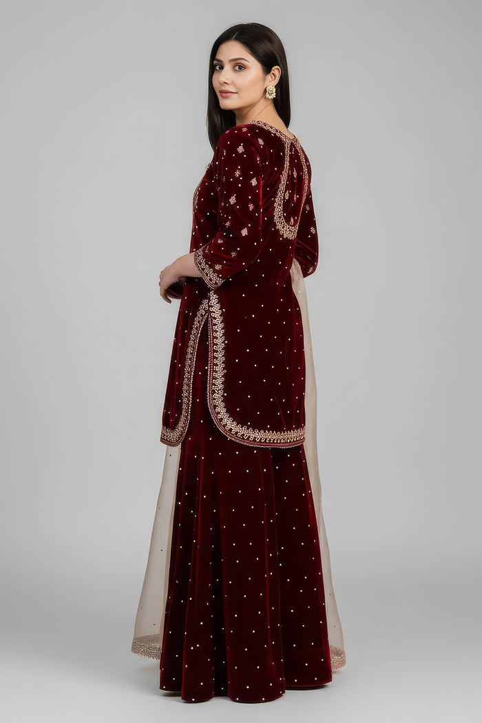 Deep Maroon Velvet Embroidered Kurti Set
