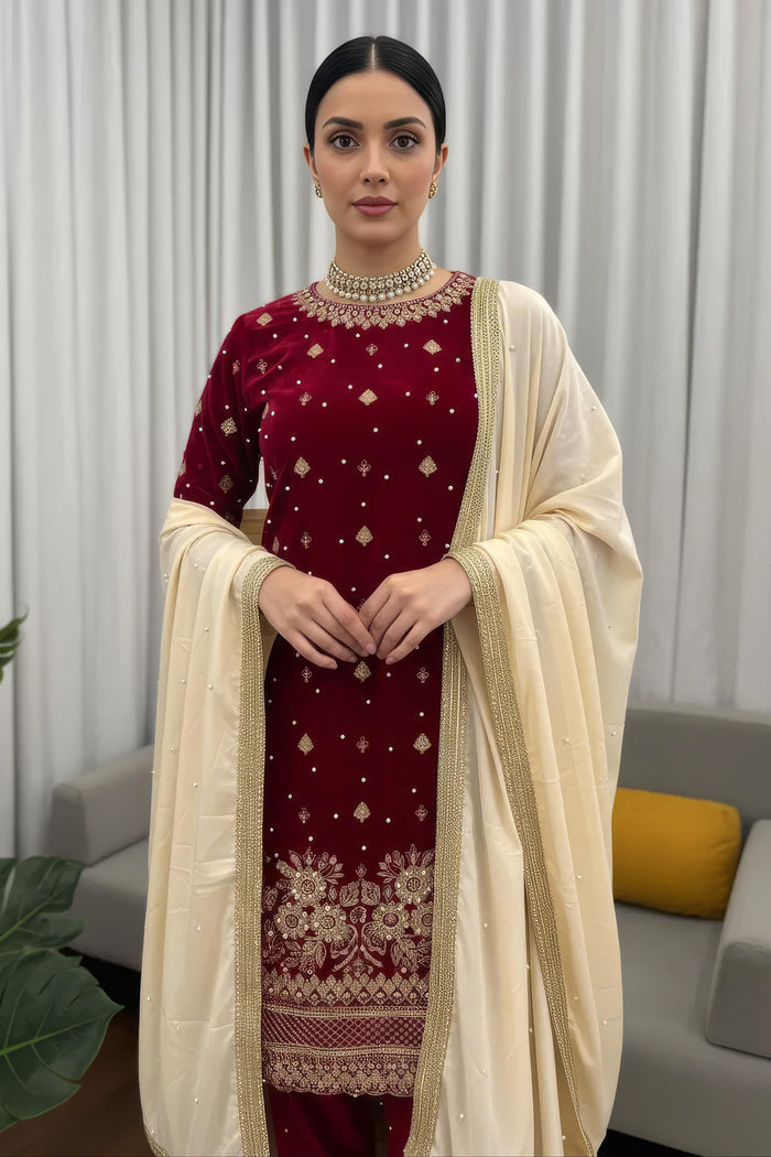 Deep Maroon Velvet Embroidered Kurti Set