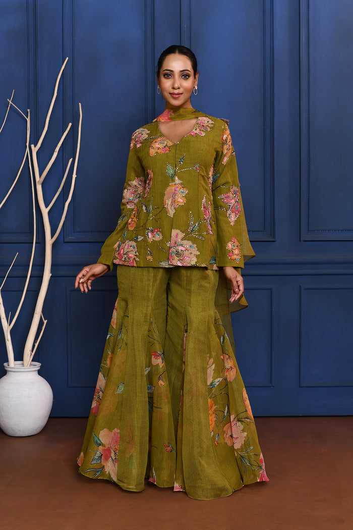 Deep Mehendi Green Floral Tissue Peplum Set