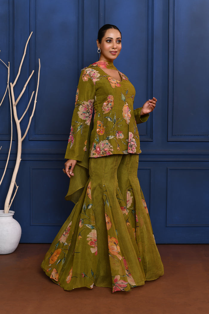 Deep Mehendi Green Floral Tissue Peplum Set