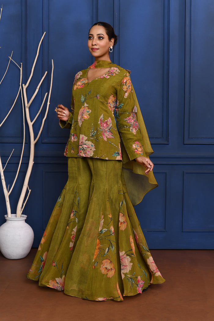 Deep Mehendi Green Floral Tissue Peplum Set