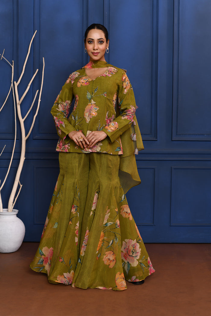 Deep Mehendi Green Floral Tissue Peplum Set