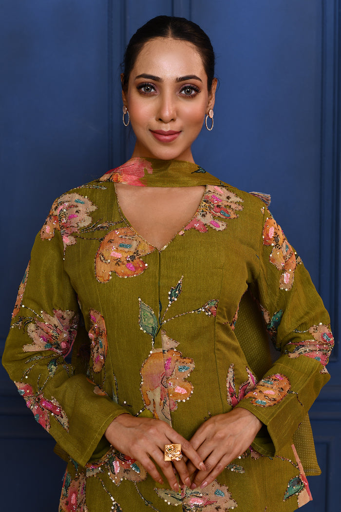 Deep Mehendi Green Floral Tissue Peplum Set