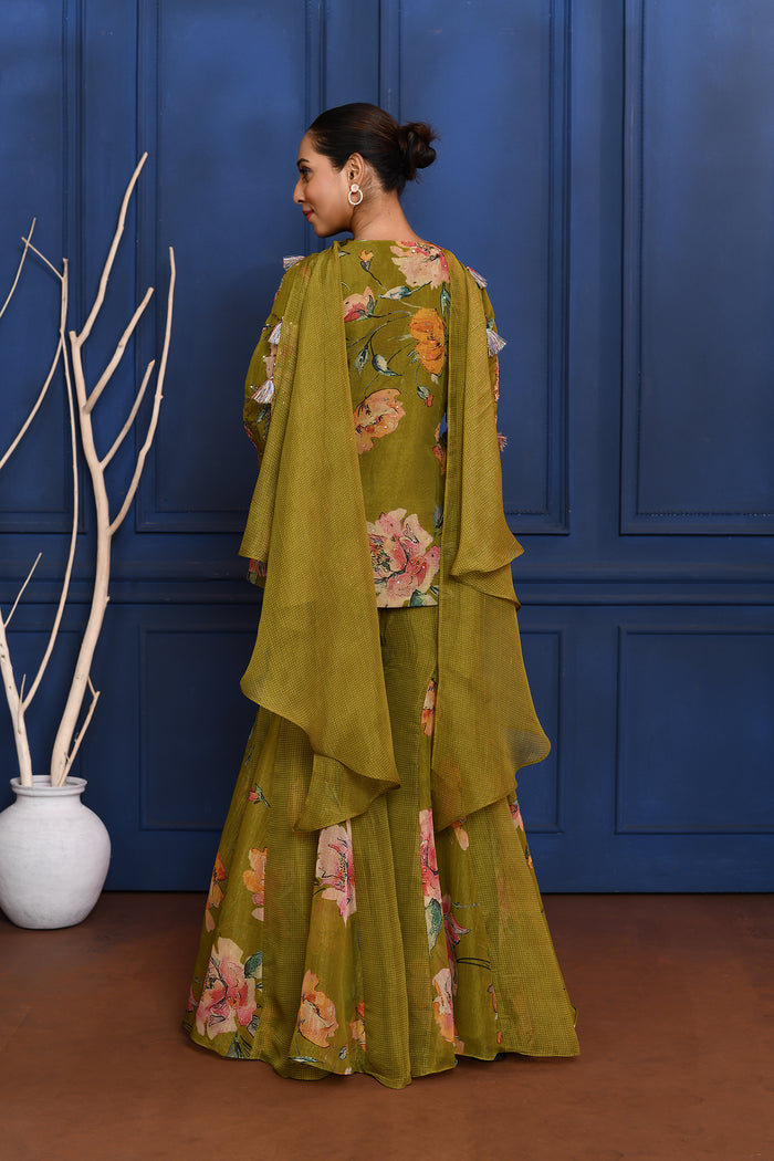 Deep Mehendi Green Floral Tissue Peplum Set