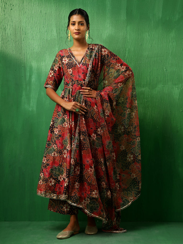 Deep Multicolour Floral Printed Blended Fabric Anarkali Set