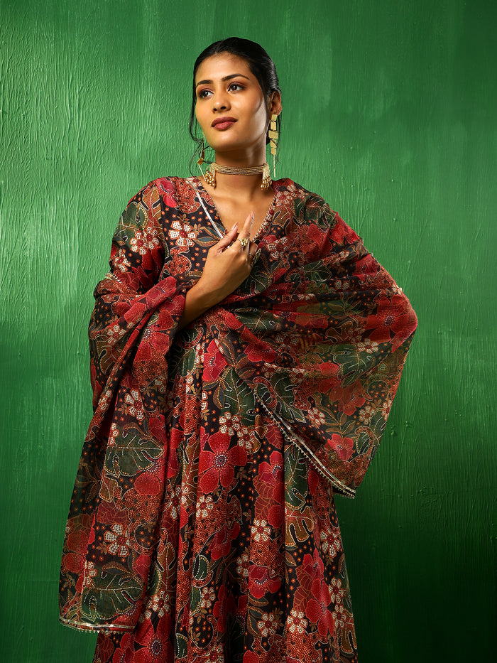 Deep Multicolour Floral Printed Blended Fabric Anarkali Set