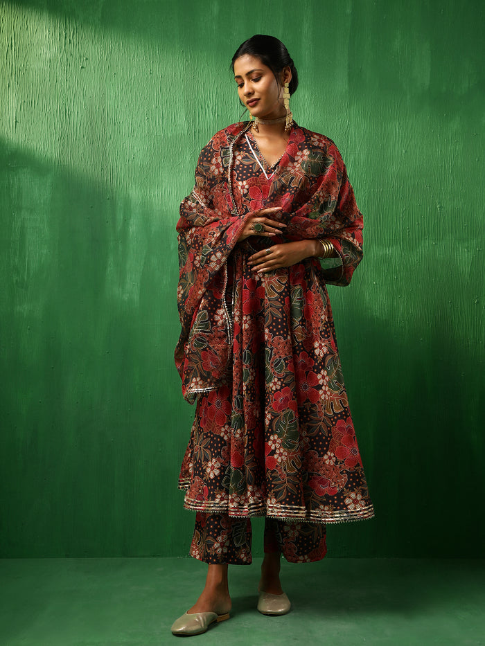 Deep Multicolour Floral Printed Blended Fabric Anarkali Set