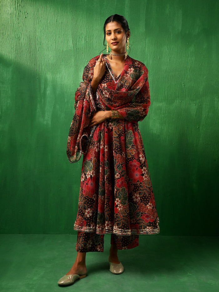 Deep Multicolour Floral Printed Blended Fabric Anarkali Set