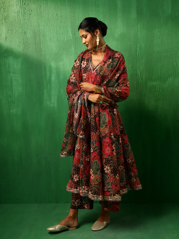 Deep Multicolour Floral Printed Blended Fabric Anarkali Set