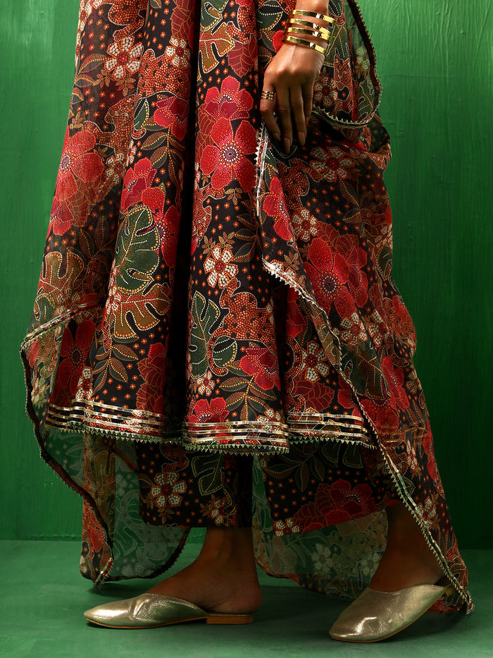 Deep Multicolour Floral Printed Blended Fabric Anarkali Set