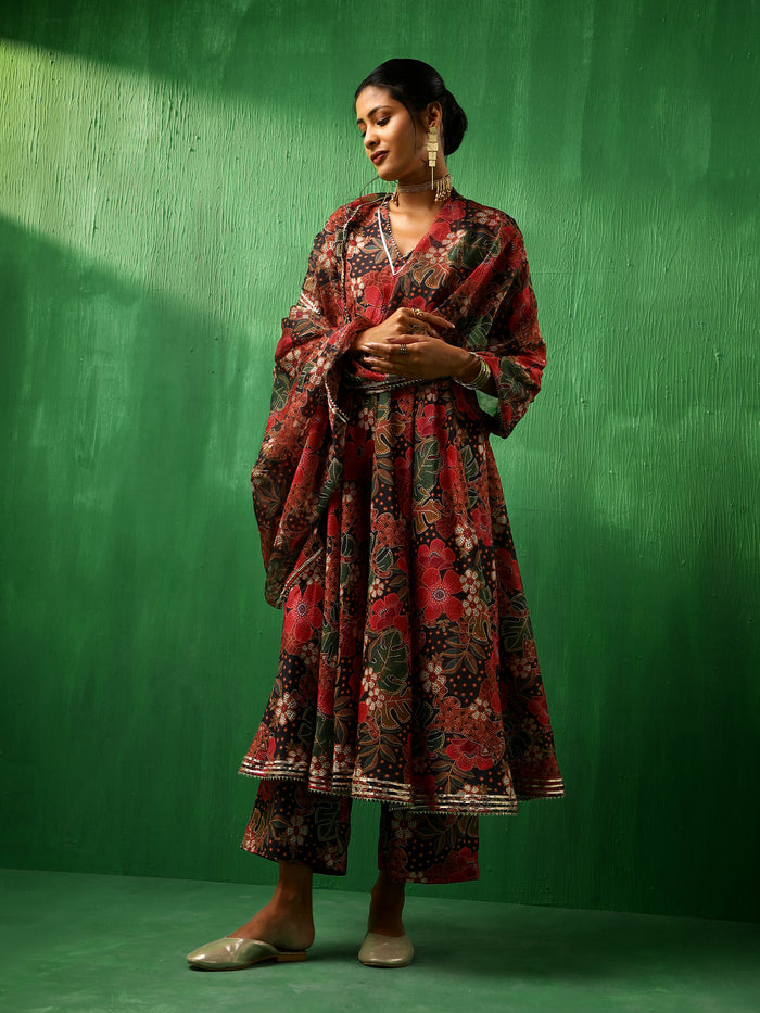 Deep Multicolour Floral Printed Blended Fabric Anarkali Set