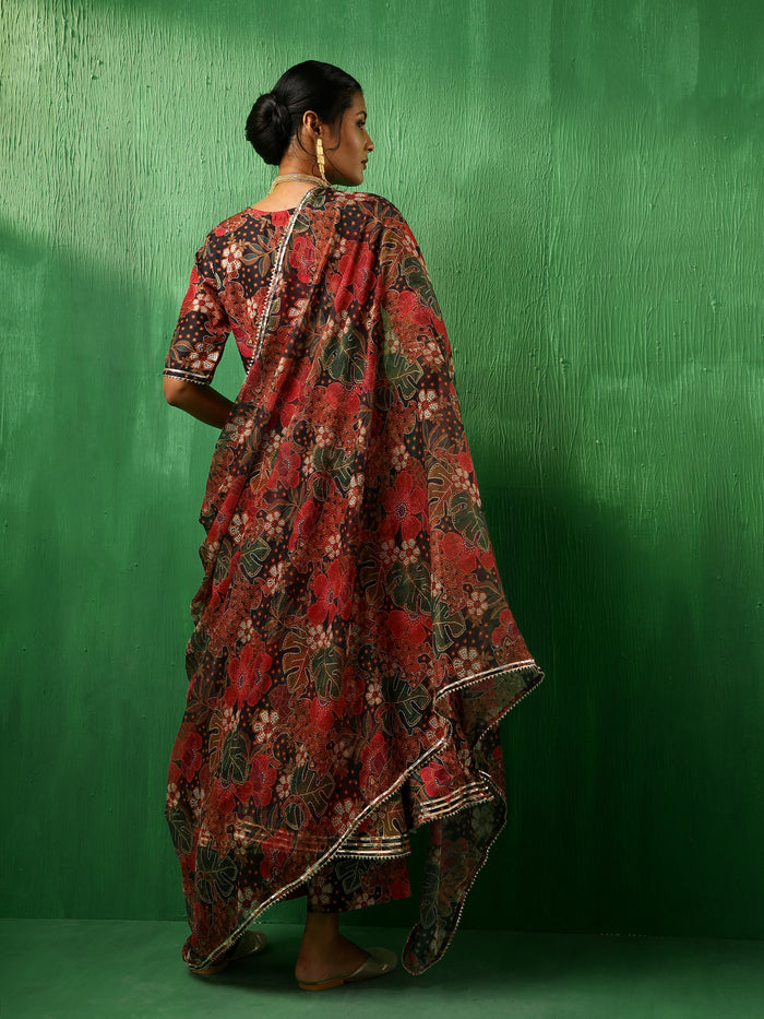 Deep Multicolour Floral Printed Blended Fabric Anarkali Set