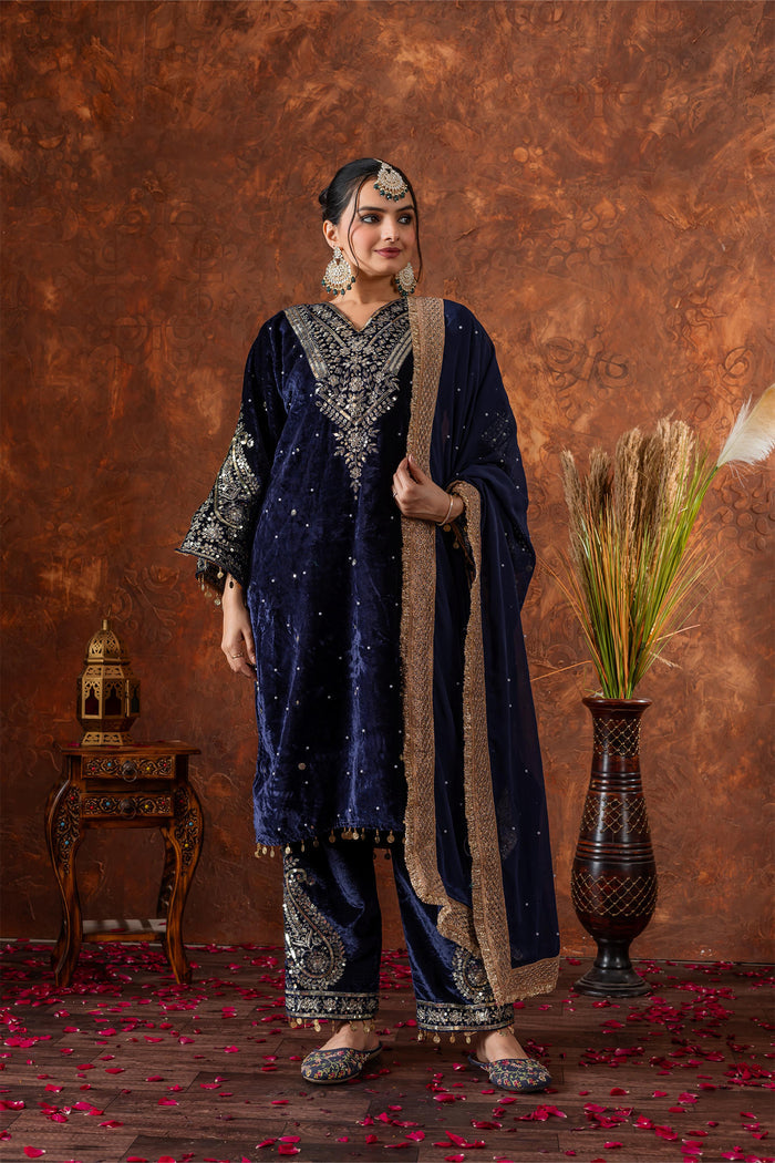 Deep Navy Blue Velvet Embroidered Kurti Set