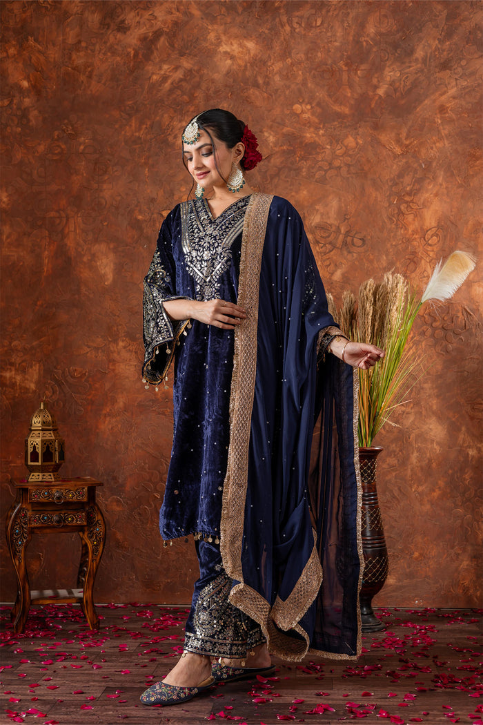 Deep Navy Blue Velvet Embroidered Kurti Set