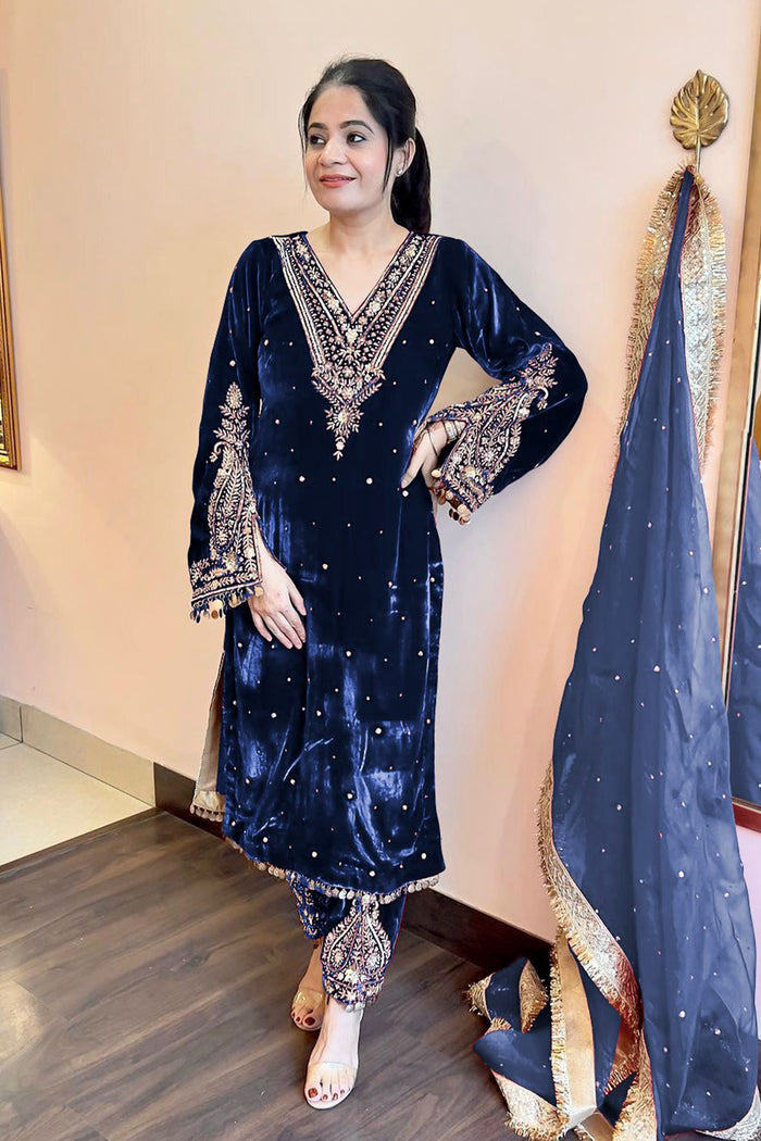 Deep Navy Blue Velvet Embroidered Kurti Set