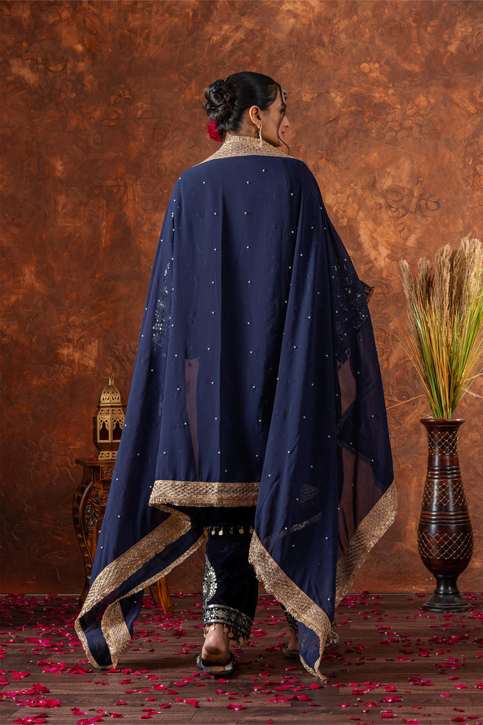 Deep Navy Blue Velvet Embroidered Kurti Set