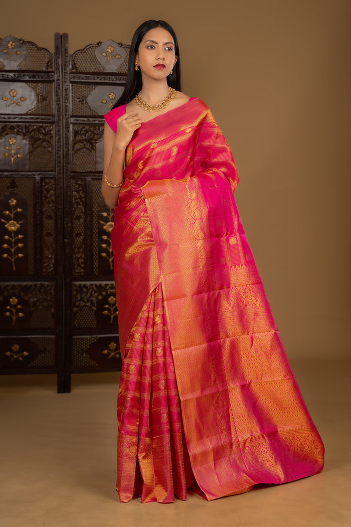 Deep Pink Floral Kanjivaram Silk Saree